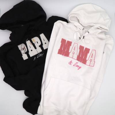 Personalisierte Mama- und Papa-Pullover bestickt mit Upcycling-Babykleidung, Geschenk, Erinnerung, Hoodie