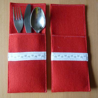 Bestecktaschen aus Filz für die Weihnachtstafel, Weihnachtsessen, Tischdeko, Sternenbordüre