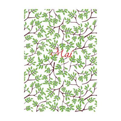 Monatskarte Mai * 5 Postkarten Zweige, mit braunen Ästen und grünen Blättern all over