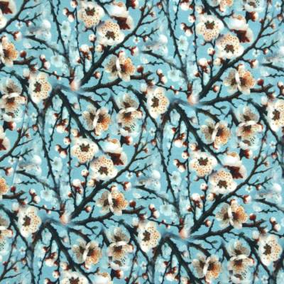 ♕ Viskose-Jersey mit Zweigen Apfelblüten Blossom blau 50 x 150 cm nähen Stoff ♕