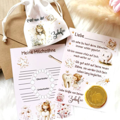 Brief von der Zahnfee Mädchen Post Zahnfee Karte Urkunde Zertifikat Taler Münze