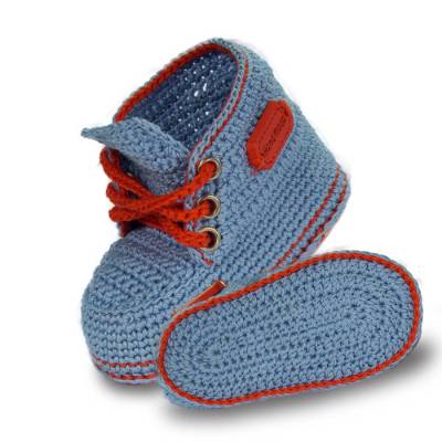 Baby-Geschenk-Set, Babyschuhe, Beißring, häkeln, Geschenkverpackung, handgemacht, Baumwolle, Blau