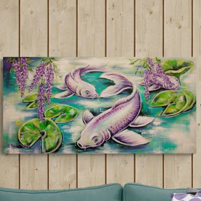 WISTERIA KOI - Fische unter Wisteriablüten – Handgemaltes Unikat auf Leinwand (100cmx50cm) von Christiane Schwarz