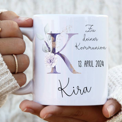 Namenstasse zur Kommunion mit Namen Monogramm lila Blumen personalisiert