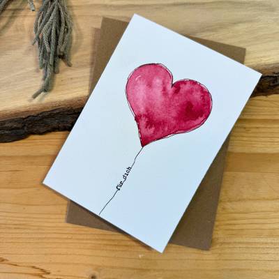 Original Aquarellkarte mit süßem Herz. Perfekt für Valentin oder Muttertag. Faltkarte mit Kuvert
