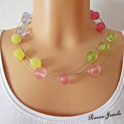 Polarisperlen Kette zweireihig bunt silberfarben – kurze Perlenkette handgefertigt