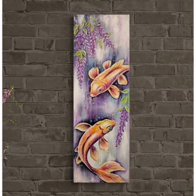 Tanzende Fische unter Wisteriablüten – Handgemaltes Originalgemälde (30x90 cm) auf Leinwand von Christiane Schwarz