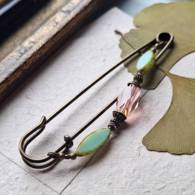 Große Tuchnadel art déco, 10cm lange Kiltnadel mit Kristall und böhmischen Glasperlen in Lachs und Türkis N10-AB-1
