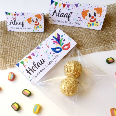 PDF-Datei Tütenklappe Fasching - Karneval - Tischdeko - zum Ausdrucken - Mitbringsel - Gastgeschenk - Faschingsdeko