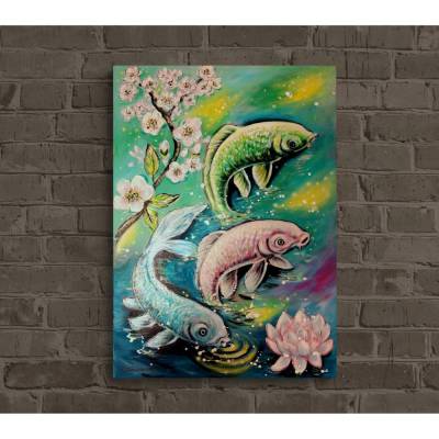 Acrylgemälde SAKURA FISCHE | Originalkunstwerk auf Leinwand | Japanischer Stil - 50 x 70 cm Signiert mit Zertifikat