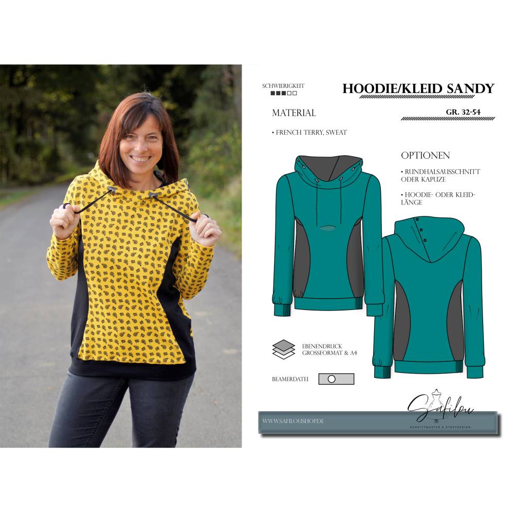 Hoodie/Kleid Sandy – PDF-Schnittmuster Gr. 32-54 | Kapuze oder Rundhals | Bequem & Sportlich inkl. Ebenen und Beamerdate Bild 1