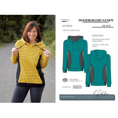 Hoodie/Kleid Sandy – PDF-Schnittmuster Gr. 32-54 | Kapuze oder Rundhals | Bequem & Sportlich inkl. Ebenen und Beamerdate