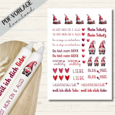 Kerzensticker PDF Datei A4 'Valentine Gnome' Valentinstag Wichtel | Kerzentattoos Download