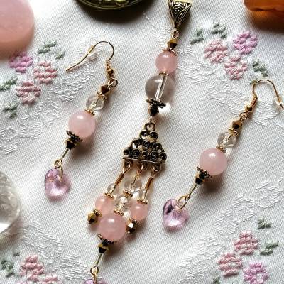 Edelstein Set ROSENQUARZ BERGKRISTALL Ohrringe Kette Anhänger HERZ Geburtsstein JANUAR STEINBOCK u.a. Braut Boho Schmuck