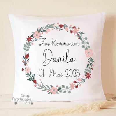 Kommunion Geschenk Kissen Name personalisiert Blumenkranz