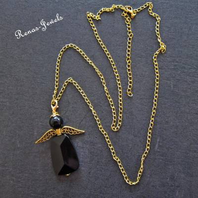Lange Schutzengelkette schwarz goldfarben mit Engel Anhänger – abnehmbar, 91 cm