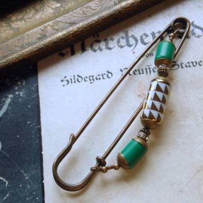 Tuchnadel Schachbrett Art Déco - sehr große Bronze Schmucknadel Keramik Schalnadel Türkis N10-AB-2