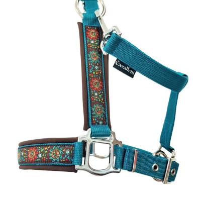 Halfter Mini Shetty Bunte Sonne petrol – 3-fach verstellbar & gepolstertes Pferdehalfter