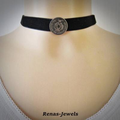 Choker Kette Samtband Schwarz mit Silberfarbener Münze – Kropfband Halsband Damen