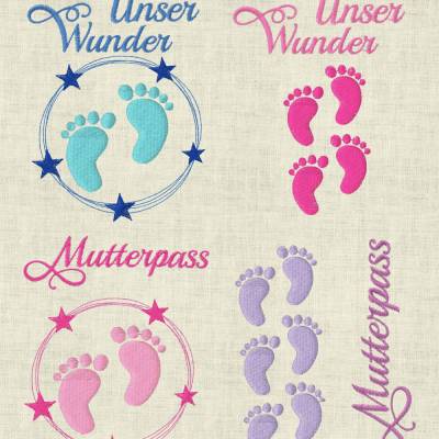 Stickdatei Mutterpass Doodle, Babyfüsse, Button mit Sterne Set 473