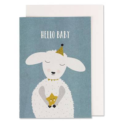 Klappkarte zur Geburt Hello Baby Lamm, blau