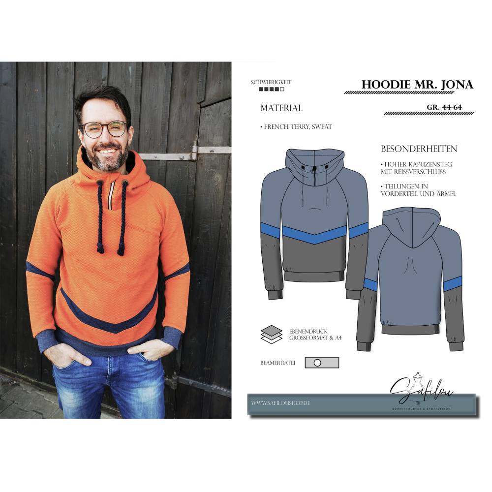 Hoodie Mr. Jona – PDF-Schnittmuster Gr. 44-64 | Sportlich & Modern | Kapuze mit Reißverschl inkl. Ebenen und Beamerdatei Bild 1