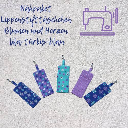 DIY-Nähset Lippenstifttäschchen Blumen & Herzen lila-türkis-blau – Biostoff Nähpaket für 5 Etuis