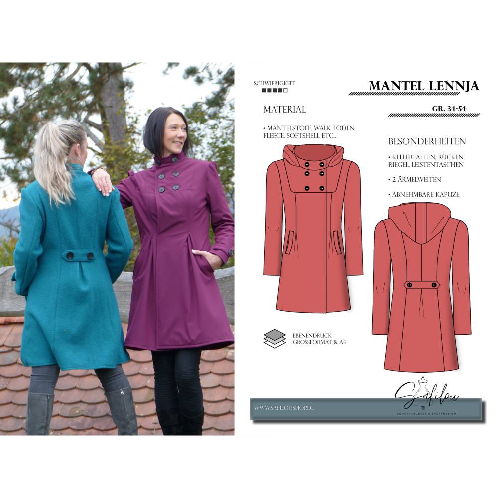 Lennja Damenmantel Schnittmuster – Eleganz & Vielseitigkeit in Größen 34-54 | Mit abnehmbarer Kapuze und Futter Bild 1