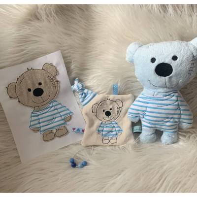 Stickdatei Doodle Teddy Bär Boy – 3-teiliges ITH Set 731 für Kuscheltier & Schnullertuch Applikation