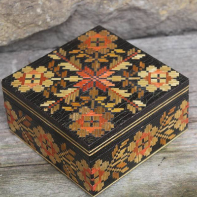 sowietische Holzschatulle mit floralen Stroh Einlegearbeiten Schmuckdose Deckeldose Schatulle 60er 70er Jahre USSR