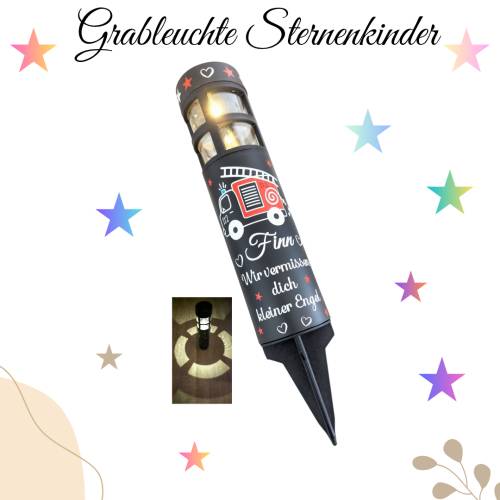Grabschmuck Solarleuchte personalisiert mit süßen Feuerwehrauto Motiv, grableuchte solar sternenkind