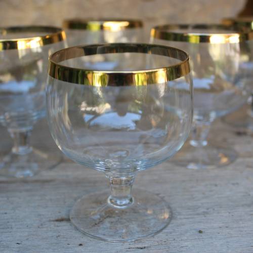 6er Set Cognacgläser Likörgläser mit Goldrand Stielgläser mundgeblasen Midcentury 60er Jahre