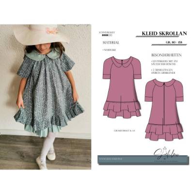 Kleid Skrollan – PDF-Schnittmuster Gr. 80-158 | Verspielt & Romantisch | Doppelrüsche & Peter-Pan-Kragen | Zwei Ärmellän