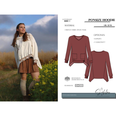 Hoodie-Schnittmuster Ponsize – PDF-Größen 34-50 | Lässiger Oversize-Look | Zeitgemäß  inkl. Ebenen und Beamerdatei