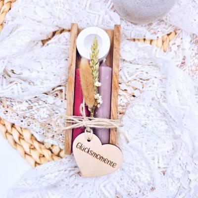 Kerzenverpackung Holz | Glücksmomente | Geschenkset Kerze | Kleinigkeit zum Geburtstag | Kerzen Klötzchen | kleines Mi