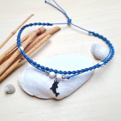 Fußkettchen mit Magnesit-Perlen und Delphin aus Edelstahl, Blau