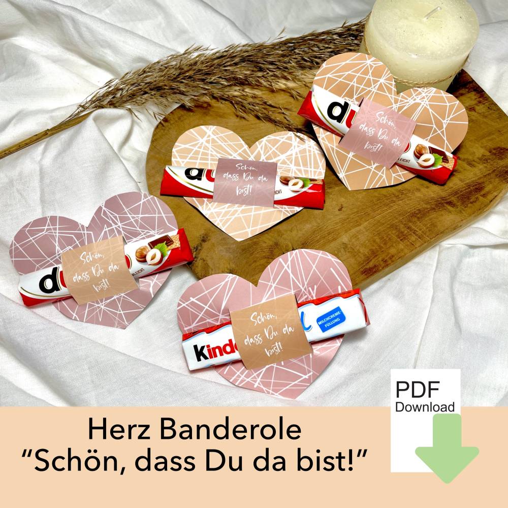 4 Herz Banderole Duplo oder Kinderriegel, Schön, dass Du da bist! Gastgeschenk Kommunion, Ostern, Hochzeit Tischdeko,PDF Bild 1