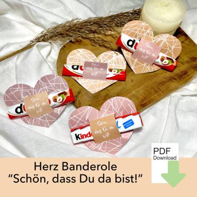 4 Herz Banderole Duplo oder Kinderriegel, Schön, dass Du da bist! Gastgeschenk Kommunion, Ostern, Hochzeit Tischdeko,PDF