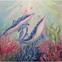 Acrylgemälde "Delfine am bunten Riff" - Bild Korallen Gemalt Meer Kunst Original Acryl Kunstwerk Deko 60cmx60cm Bild 1