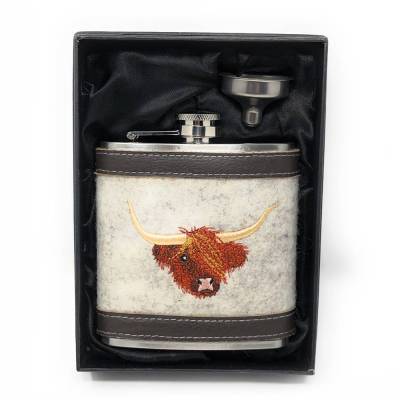 Flachmann Edelstahl 180 ml + Hülle bestickt mit Highlandrind aus Wollfilz + Leder inkl. Geschenkbox - Farbauswahl