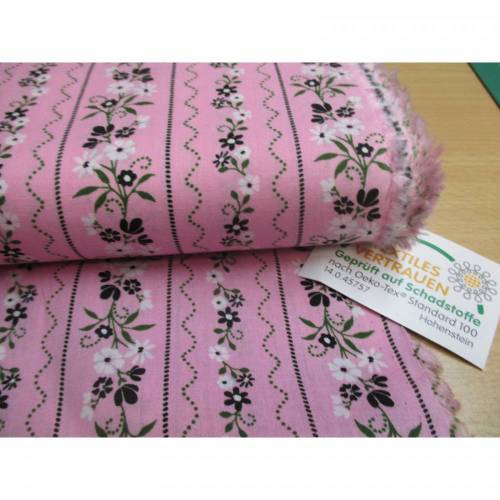 Trachtenstoff, Dirndlstoff,  Popeline, Blumen, Streifen,Ranken rosa ,Oeko-Tex Standard 100(1m/12,-€)