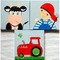 Dreiteiliges Bild "kleiner Bauer"  Traktor, Kuh  fürs Kinderzimmer Wandbild Tiere Bild 1