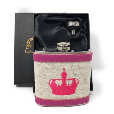 Flachmann Edelstahl 180 ml + Hülle bestickt mit Krone aus Wollfilz + Leder inkl. Geschenkbox - Farbauswahl