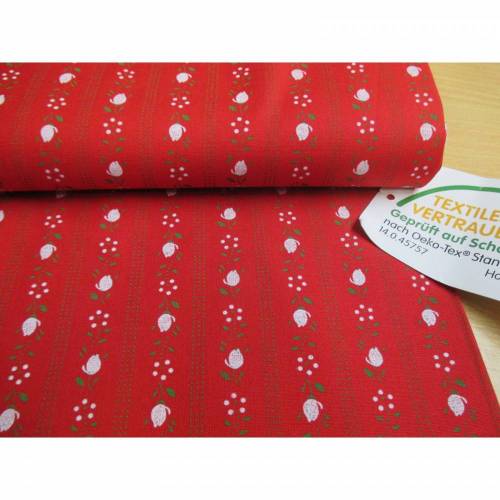 Trachtenstoff, Dirndlstoff,  Popeline, Blumen, Streifen,Ranken rot ,Oeko-Tex Standard 100(1m/12,-€)