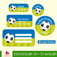 Schulaufkleber-Set | Fußball blau-grün - 143 teilig, Namensaufkleber, Stifteaufkleber, Adressaufkleber, Heftaufkleber Bild 1