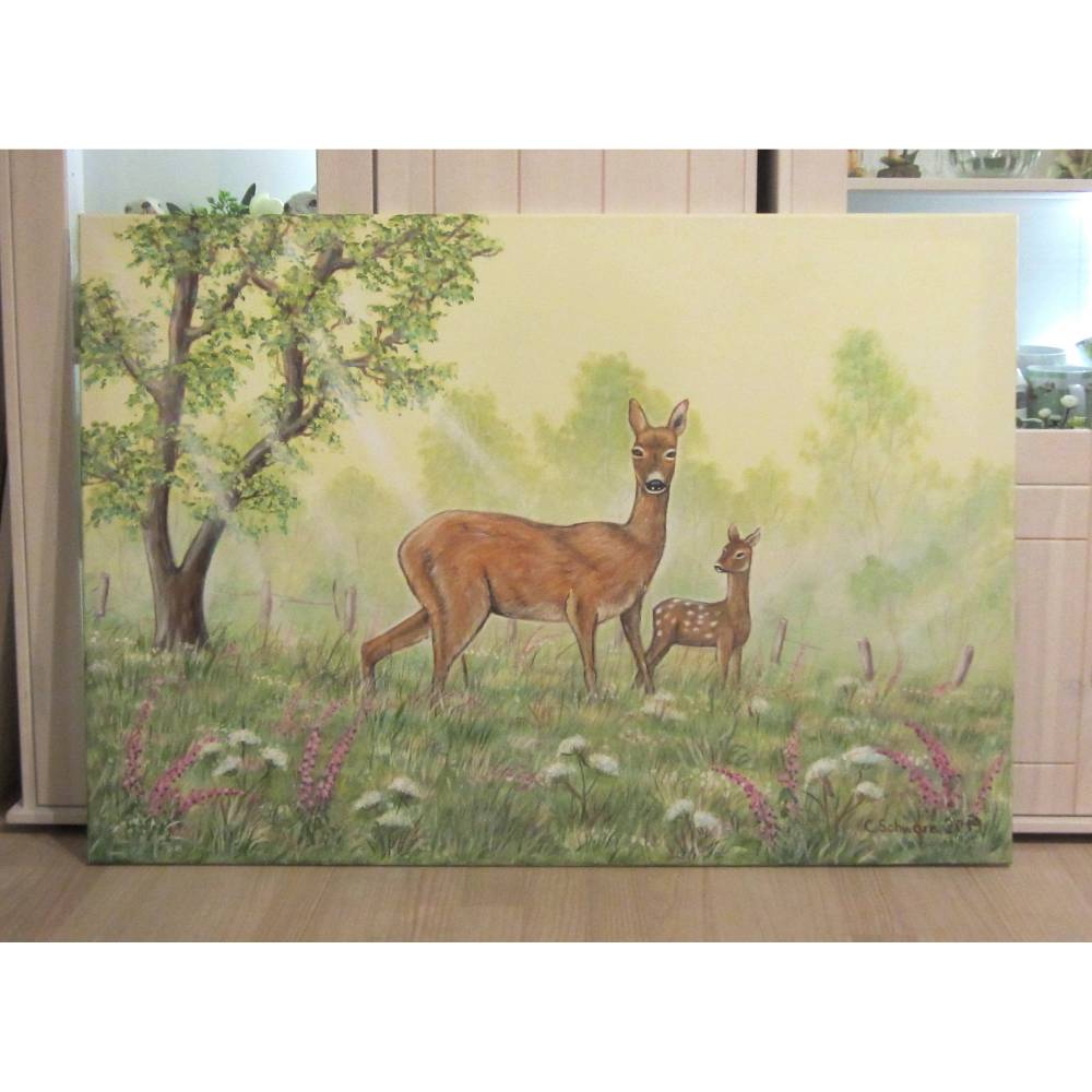 Acrylgemalde Rehe Am Fruhen Morgen