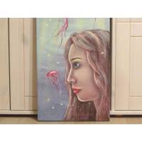 LONELY MERMAID - Fantasy Acrylgemälde  30cmx90cm, Meerjungfrau gemalt, Wandbild mit Nixe und rosa Quallen handgemalt Bild 1