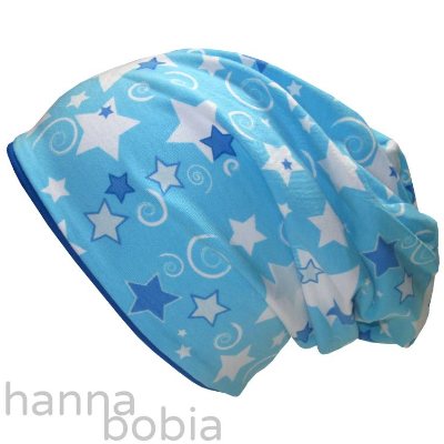 Wendebeanie, Kopfumfang 55-56 cm, Sterne und Kringel auf türkis