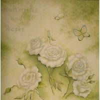 BUTTERFLIES AND ROSES - Acrylgemälde auf Leinwand - gemalte Schmetterlinge und Rosen in weiß-grün Bild 1