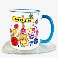Tasse Moin, Geschenk für Nordsee-Fan, 2/3 Teile, Kaffee-Becher blau, Motiv Blumen Bild 1